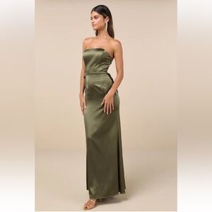 Olive Green Satin Strapless Bow Maxi Dress